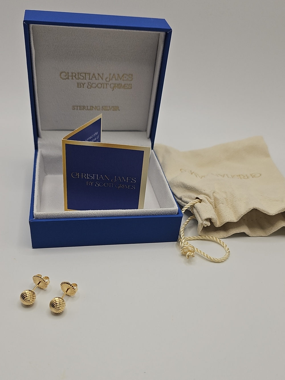Christian James 925 Gold Ripple- Textured  Ball Stud Earring. New In Box